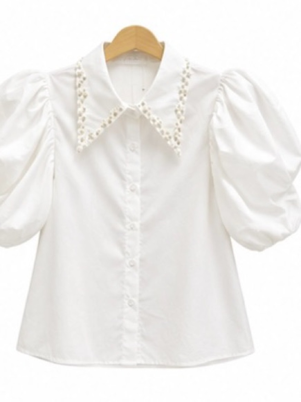 White Puff Sleeve Button-Down Blouse with Embellished Collar